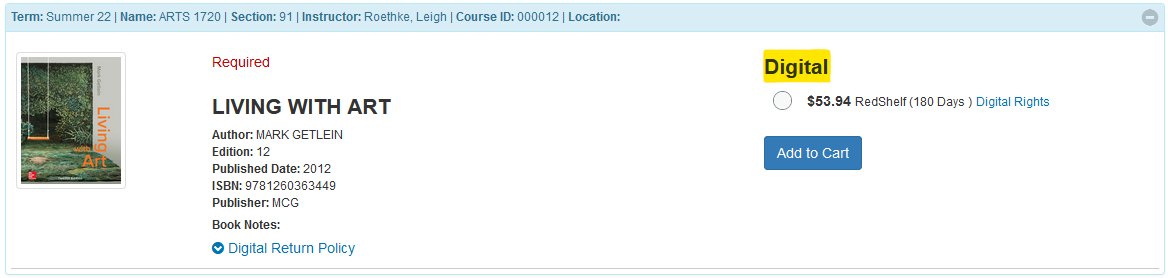 Order Textbooks screen showing a digital eBook purchase option
